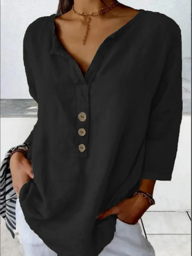 Solid Color Notched Collar Shirt Casual Button Shirt Black - Shop at LoveMi