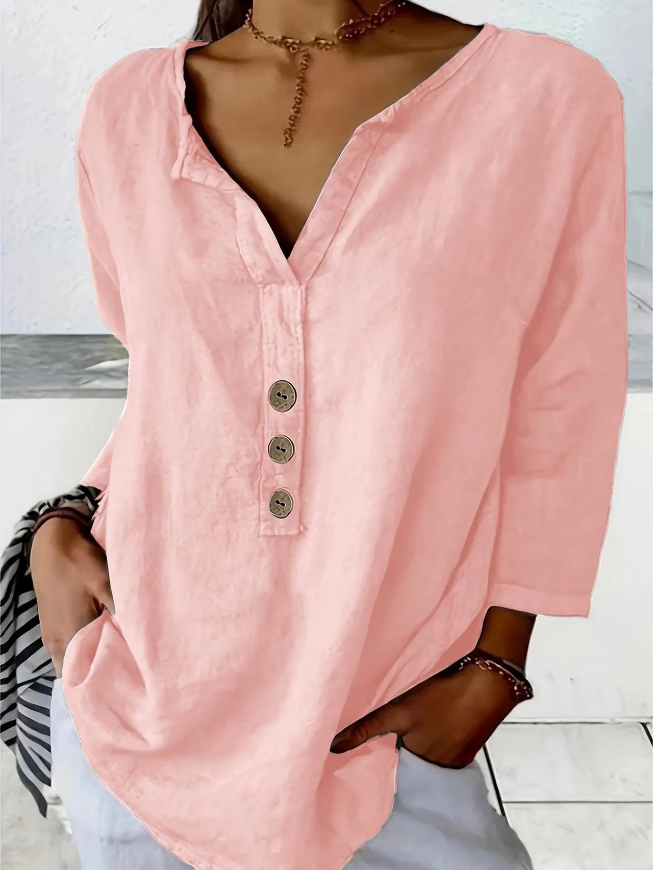 Solid Color Notched Collar Shirt Casual Button Shirt - Pink