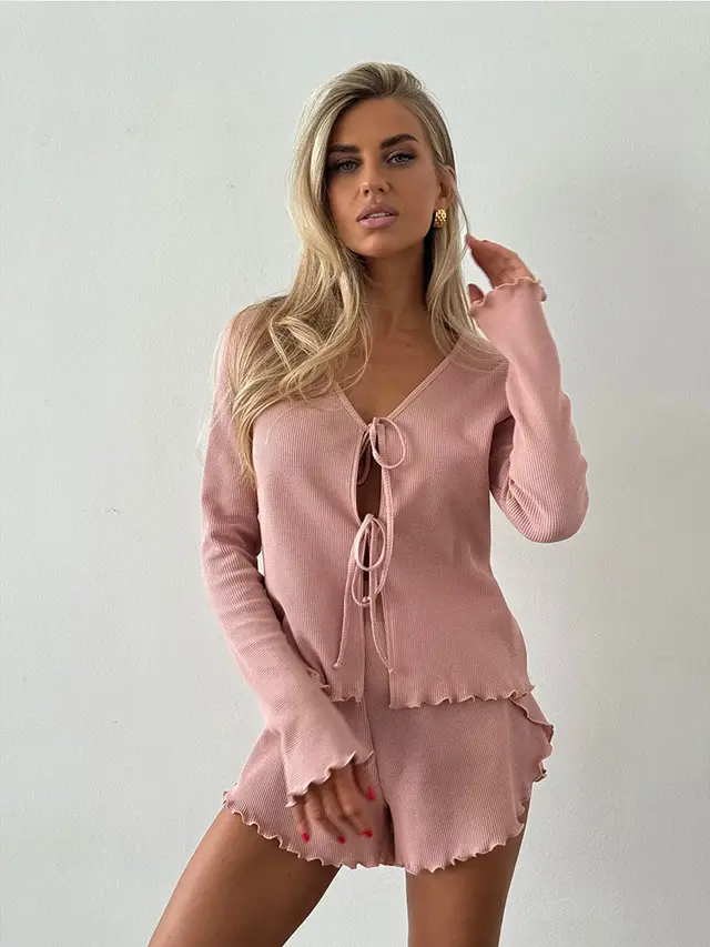 Casual Women's Suit Long Sleeve Pure Color Tied Cardigan Top Shorts Dark Pink - Shop at LoveMi
