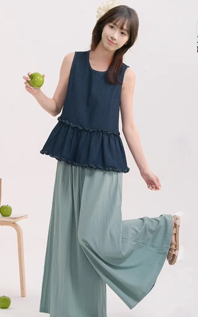 Ruffled Stitching Fashion Casual Loose All matching Jeans Vest Top Dark Blue - Shop at LoveMi