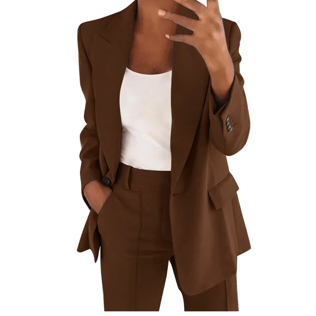 Fashion Button Slim Lapel Cardigan Temperament Suit Coat Suit Coffee - Shop at LoveMi