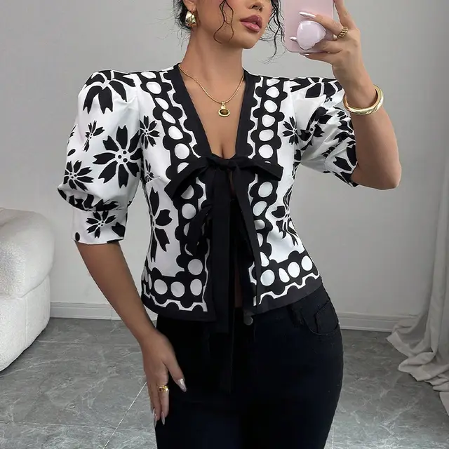 Summer New French Pattern Lantern Half Sleeve Shirt Mixed Color - Shop at LoveMi