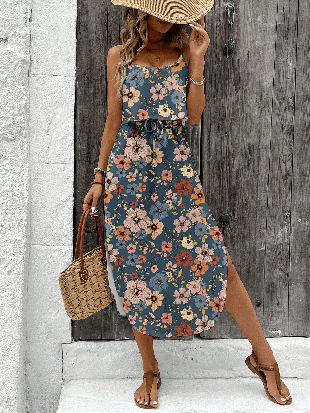 European And American-style Floral Camisole Skirt Two-piece Set - Navy