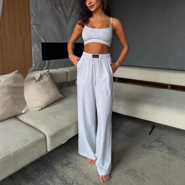 Suspenders Vest Wide Leg Trousers Suit Two piece Homewear Light Gray - Shop at LoveMi