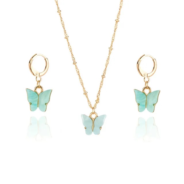 Color Acrylic Butterfly Earrings And Necklace Set 01 Blue Suit - Shop at LoveMi
