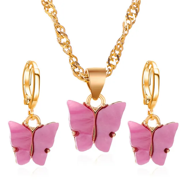 Color Acrylic Butterfly Earrings And Necklace Set 04 Rose Red Suit - Shop at LoveMi