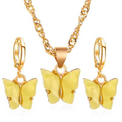 Color Acrylic Butterfly Earrings And Necklace Set 06 Yellow Suit - Shop at LoveMi