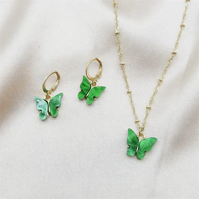 Color Acrylic Butterfly Earrings And Necklace Set 08 Green Suit - Shop at LoveMi
