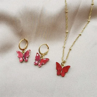 Color Acrylic Butterfly Earrings And Necklace Set 09 Bright Red Suit - Shop at LoveMi
