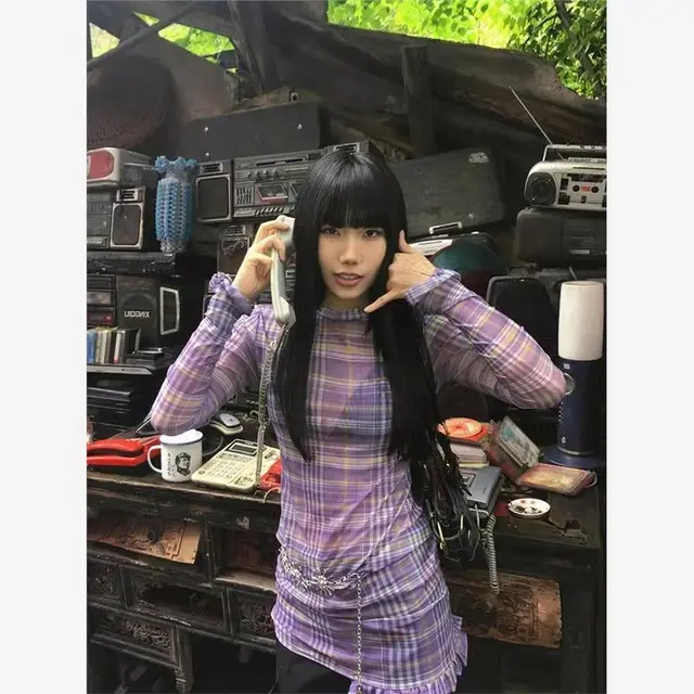 Plaid Gauzy Bottoming Shirt Long sleeved T shirt Mid length Top Purple - Shop at LoveMi