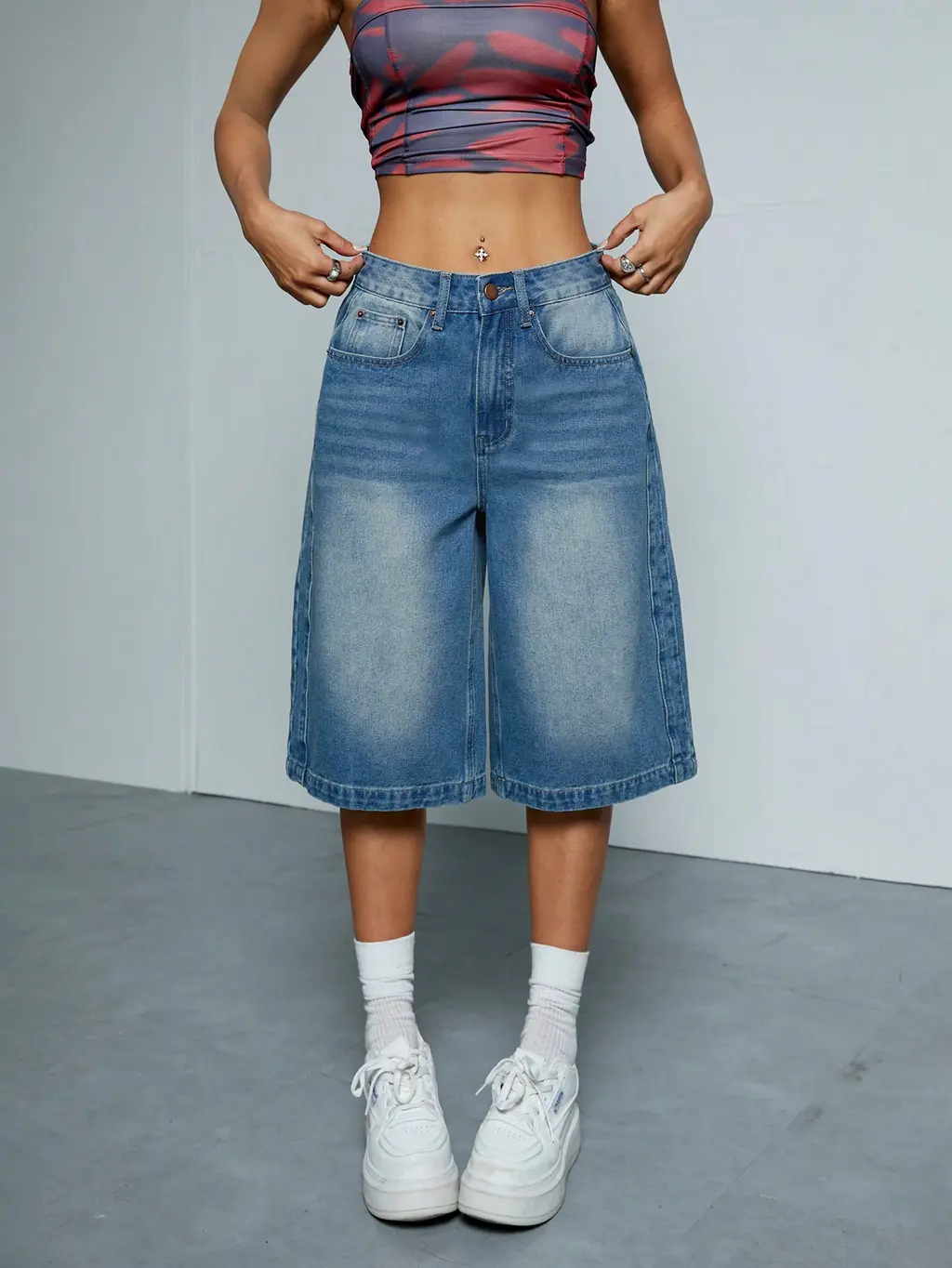 Straight-leg Denim Loose All-matching Wide Leg Shorts - Blue