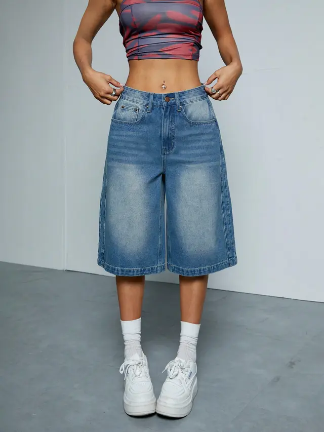 Straight leg Denim Loose All matching Wide Leg Shorts Blue - Shop at LoveMi