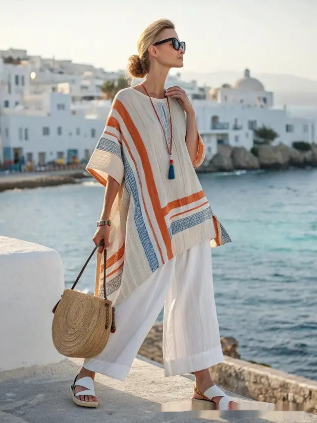 Mixed Color Stripe Casual Loose Wide Leg Cropped Pants Suit 5 Models - Shop at LoveMi