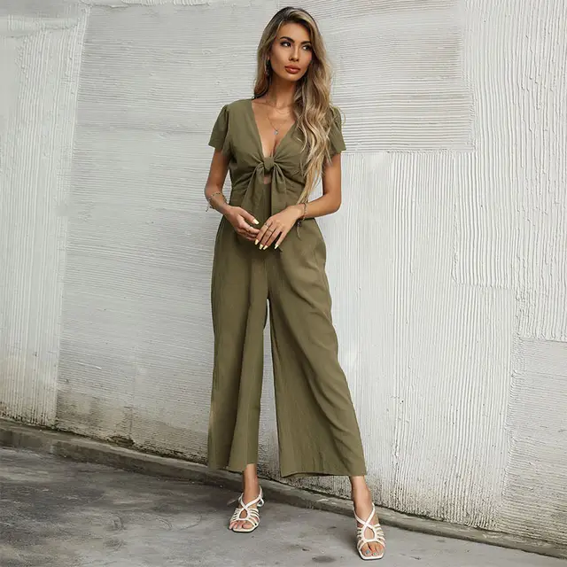 Women's Sexy V neck Cropped Wide legged Jumpsuit Army Green - Shop at LoveMi
