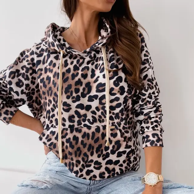 Women's Floral Hooded Rope Pocket Sweatshirt Coat Leopard Print - Shop at LoveMi