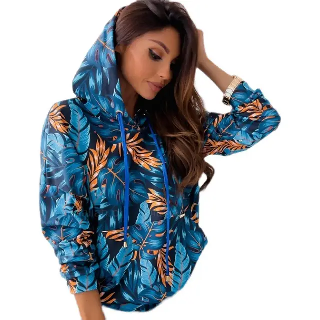 Women's Floral Hooded Rope Pocket Sweatshirt Coat Navy Blue - Shop at LoveMi