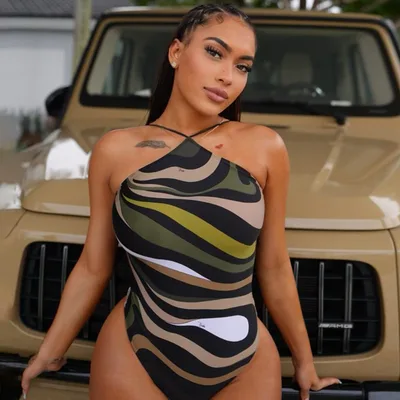 Digital Printing Sleeveless Lace up Backless Bodysuit Green - Shop at LoveMi