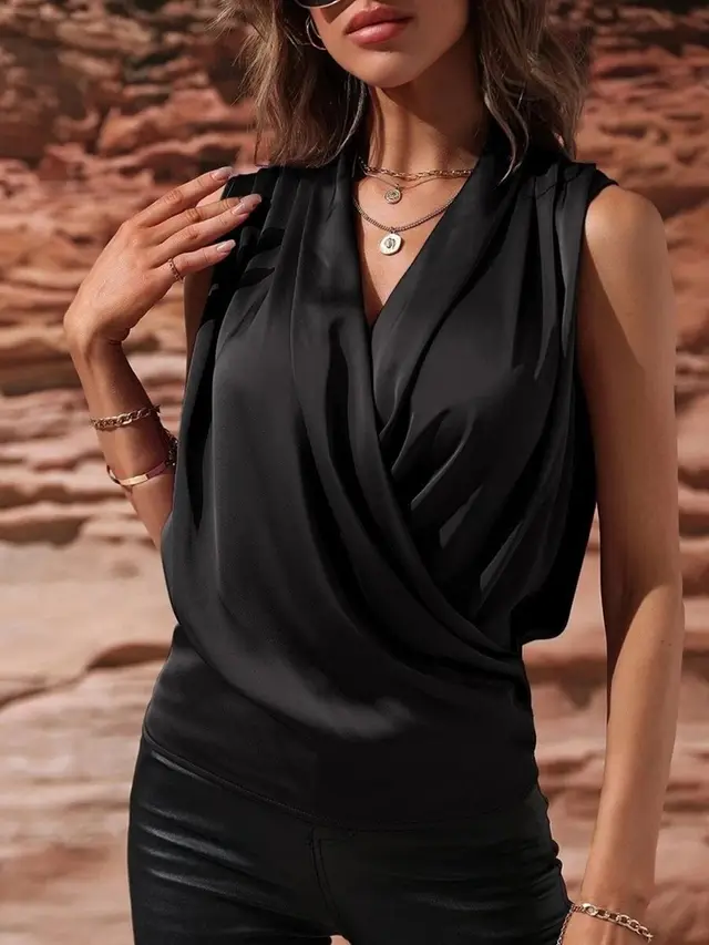 Women's Spring And Summer Sleeveless Satin Pleated Vest New Shirt Black - Shop at LoveMi
