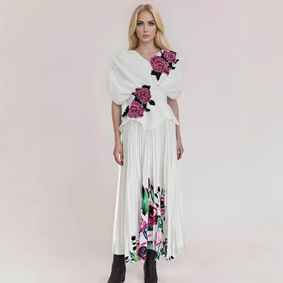 High grade Printed Rose Flower Slim Fit Dress White - Shop at LoveMi