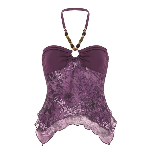 Retro Style Beaded Halter Spaghetti Straps Irregular Hem Mesh Stitching Vest Purple - Shop at LoveMi