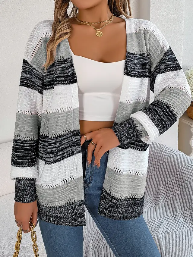 Casual Hollow Contrast Color Striped Lantern Sleeve Cardigan Sweater Gray - Shop at LoveMi