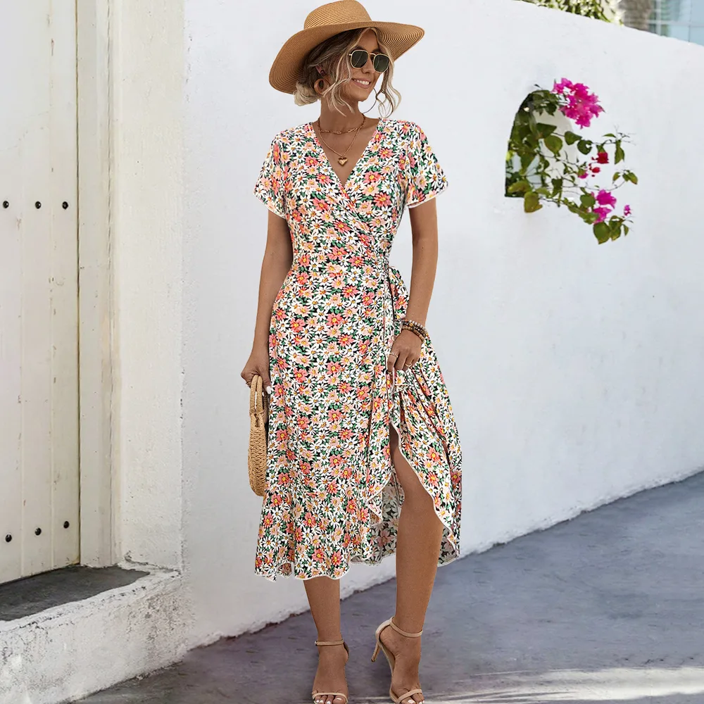 Women's Bohemian Cross V-neck Tie-shoulder Floral Long Dress - Red Chrysanthemum - View 1