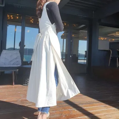 Plus Size Korean Floral Around Dress Slit Apron White - Shop at LoveMi