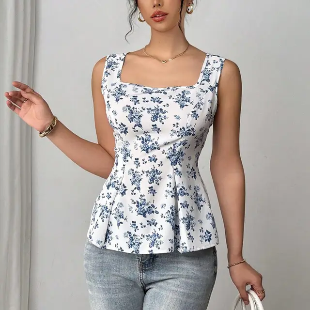 Vacation Style Floral Small Vest Sling Top Drawstring Color - Shop at LoveMi