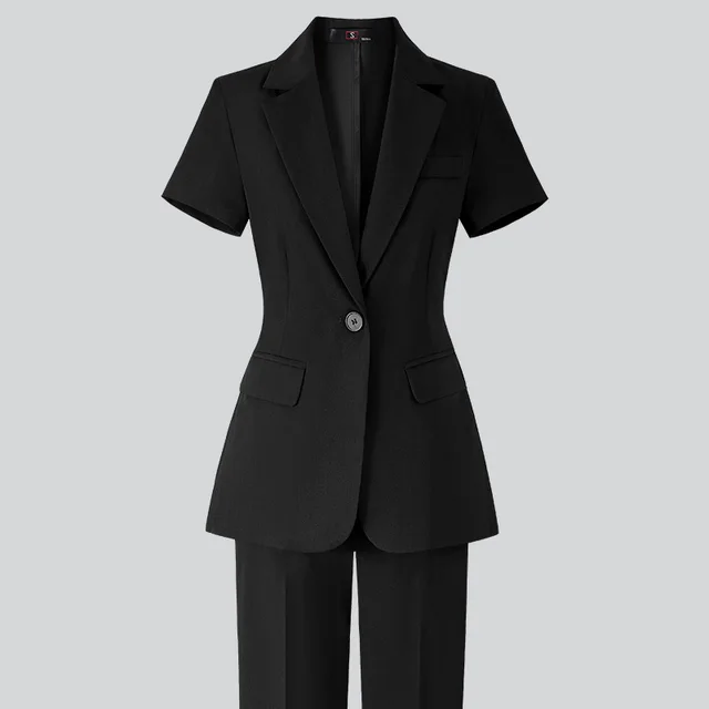 Women's Minimalist Formal Button Up Suit Jacket Short Sleeve Black Suit - Shop at LoveMi