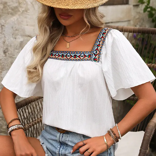 Square Collar Shirt Pullover Short Sleeve Backless Shirt White - Shop at LoveMi