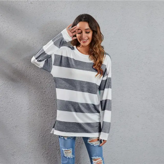 European And American Round Neck Multi color Stripe Sweater Gray - Shop at LoveMi