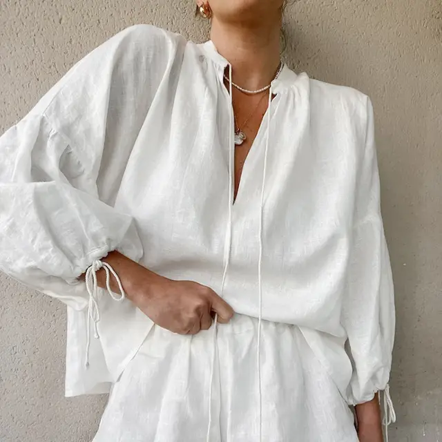 Fashion Cotton And Linen Solid Color Loose V neck Lantern Sleeve Shorts Two piece Set White - Shop at LoveMi