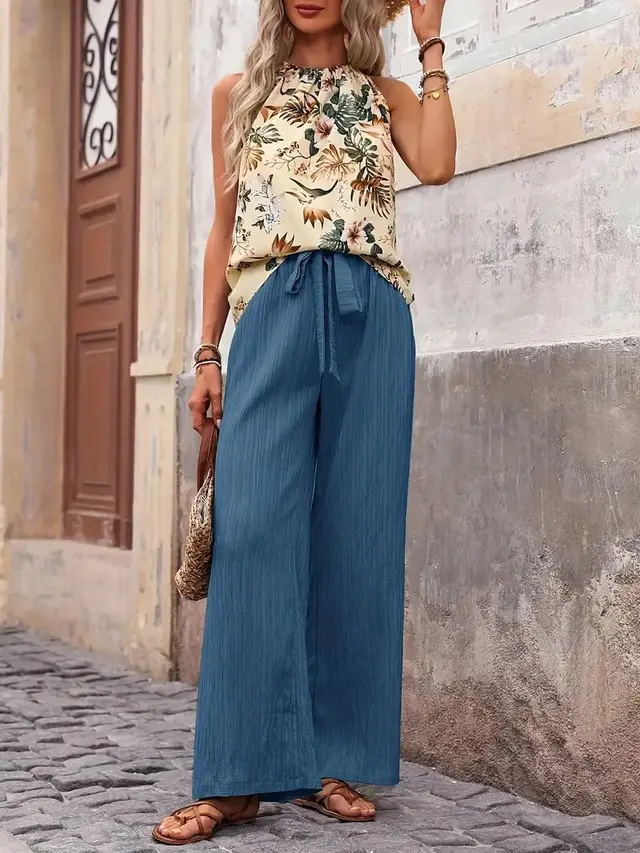 Sleeveless Top And Trousers Advanced Two piece Suit Blue - Shop at LoveMi