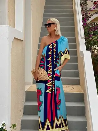 Printed Diagonal Shoulder Vacation Dress Women's Dress - View 1