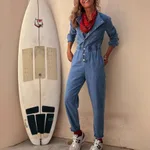 Personality Street Pocket Washed Women's Jumpsuit - Blue
