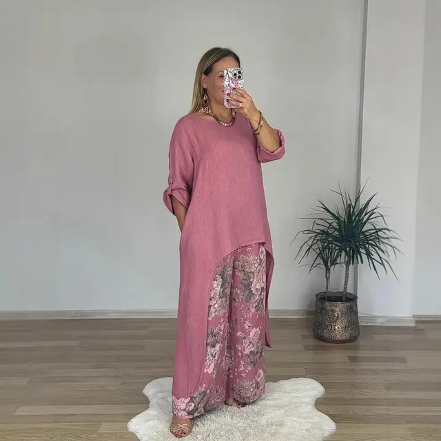 Women's Casual Cotton Linen Irregular Top Wide Leg Pants With Pockets Suit Pink - Shop at LoveMi
