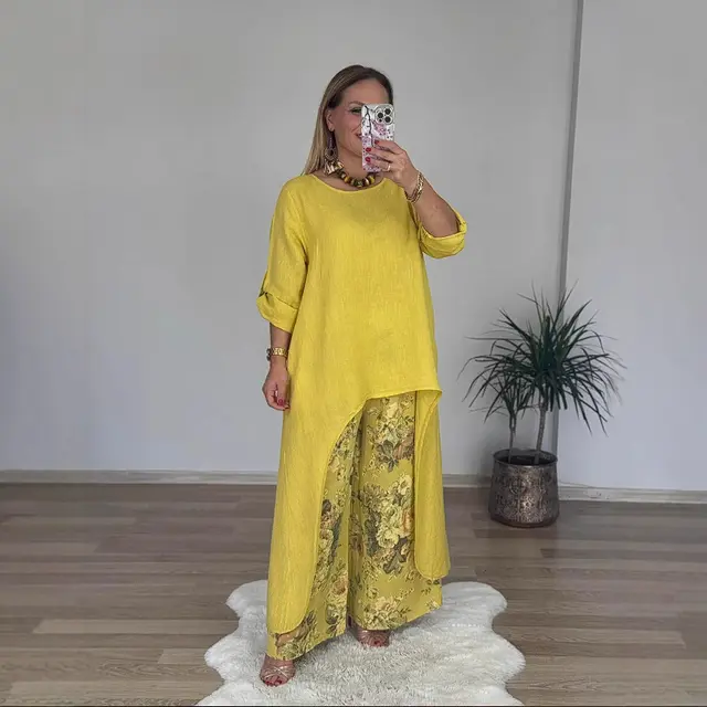 Women's Casual Cotton Linen Irregular Top Wide Leg Pants With Pockets Suit Yellow - Shop at LoveMi
