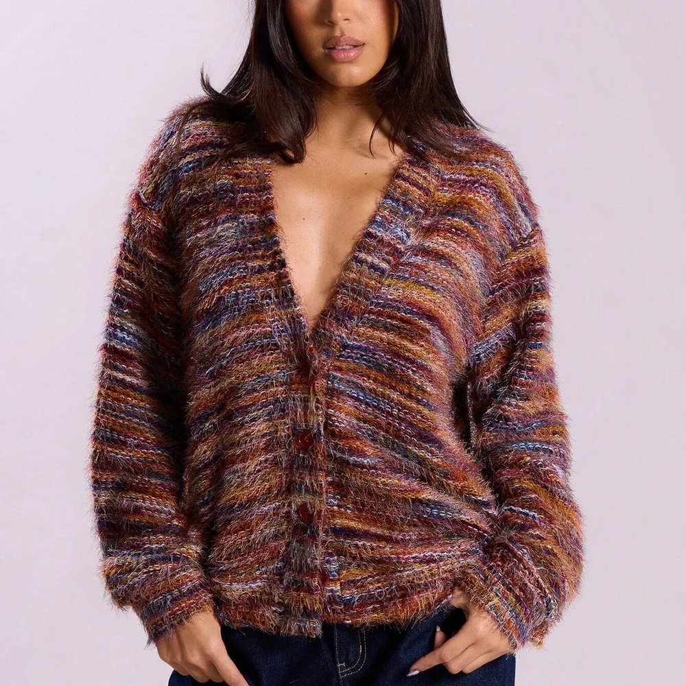 Winter Stripe Knitted Sweater Ins Button Cardigan Long Sleeved V neck Cropped Tops For Women 1 Style S - Shop at LoveMi