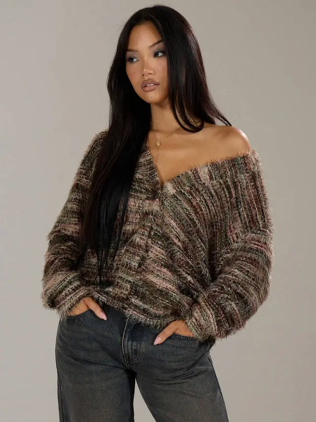 Winter Stripe Knitted Sweater Ins Button Cardigan Long Sleeved V neck Cropped Tops For Women 2 Style - Shop at LoveMi