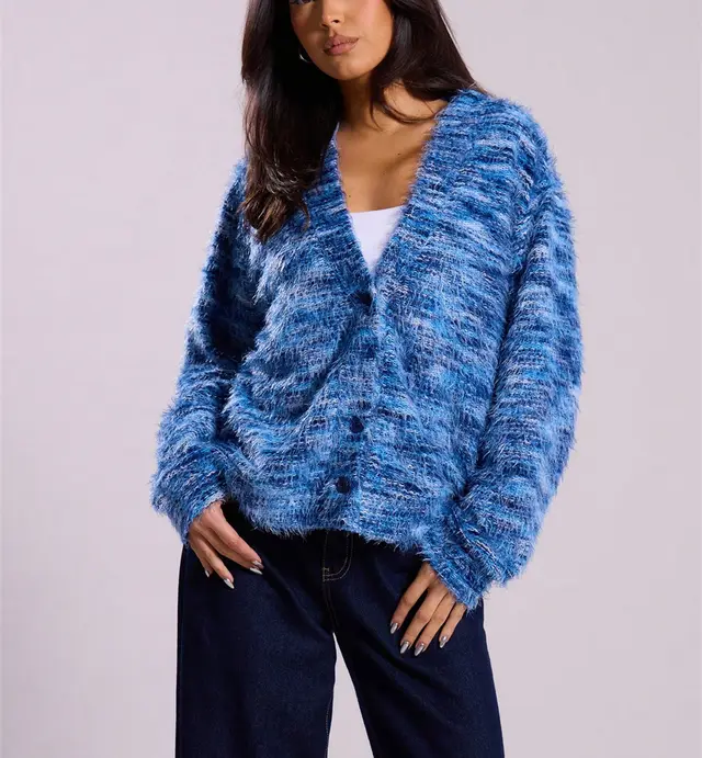 Winter Stripe Knitted Sweater Ins Button Cardigan Long Sleeved V neck Cropped Tops For Women Blue - Shop at LoveMi