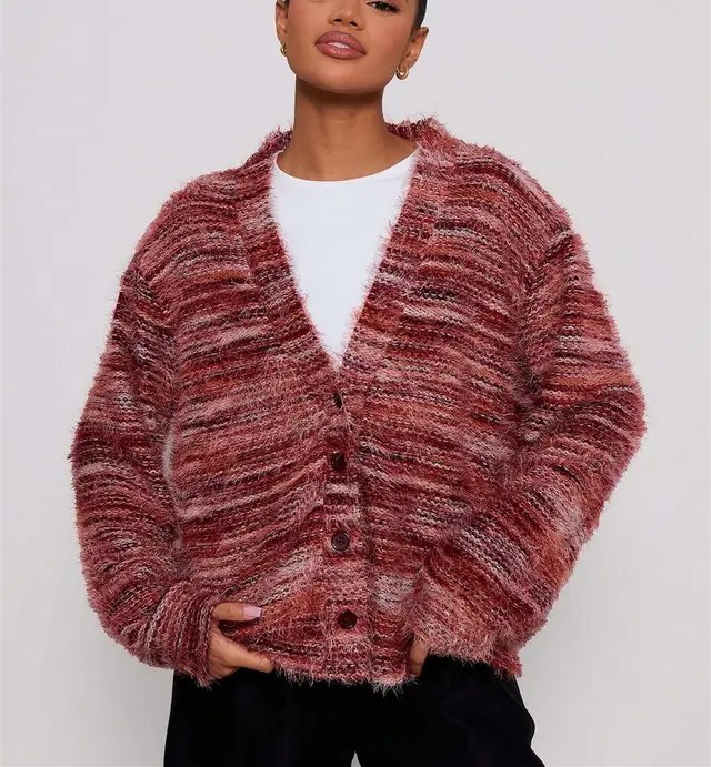 Winter Stripe Knitted Sweater Ins Button Cardigan Long Sleeved V neck Cropped Tops For Women Red - Shop at LoveMi