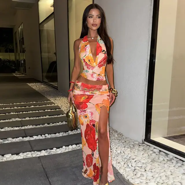 Sexy Hot Girl Flower Print V neck Halter Split Dress Suit Red - Shop at LoveMi