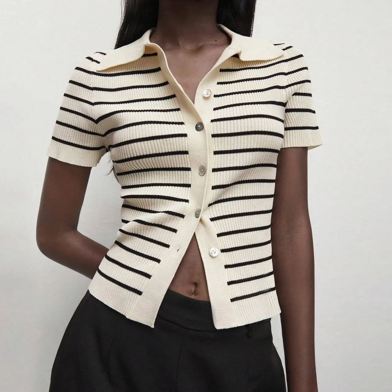 French Striped Short Sleeved Western-style Knitted Fabric - Brown Apricot Stripe