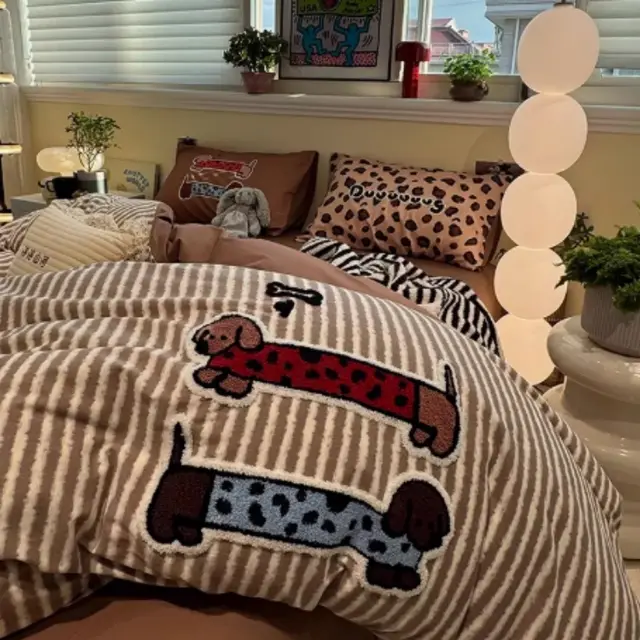 Coffee Striped Cotton Four piece Sanded Bedsheet Set Plaid Dog - Shop at LoveMi