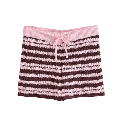 Knitted Shirt Short Sleeve Striped High Waist Shorts Suit Pants M - Shop at LoveMi