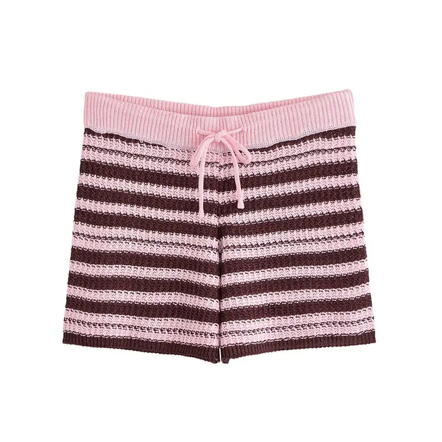 Knitted Shirt Short Sleeve Striped High Waist Shorts Suit Pants - Shop at LoveMi