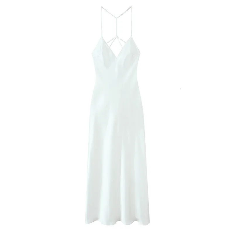 Summer Back Sling Design Silk Satin Texture Midi Skirt Dress White - Shop at LoveMi