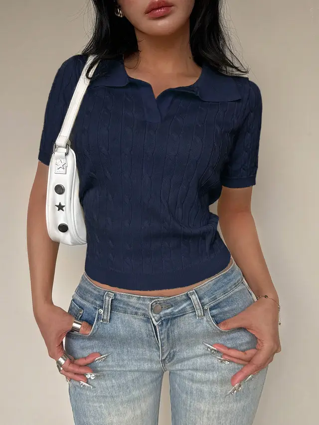 Fashion Solid Color Women's Polyester Top Navy Blue - Shop at LoveMi