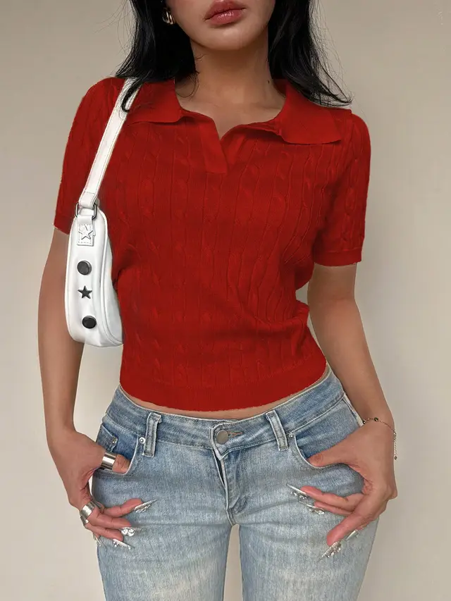 Fashion Solid Color Women's Polyester Top Red - Shop at LoveMi