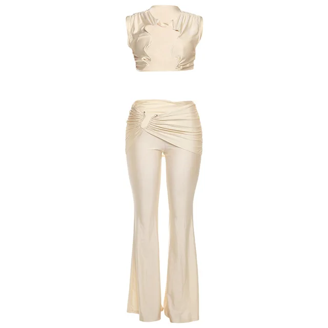 Personalized Metal Twisted Hollow Sexy Slim Fit Trousers Two piece Set Apricot - Shop at LoveMi